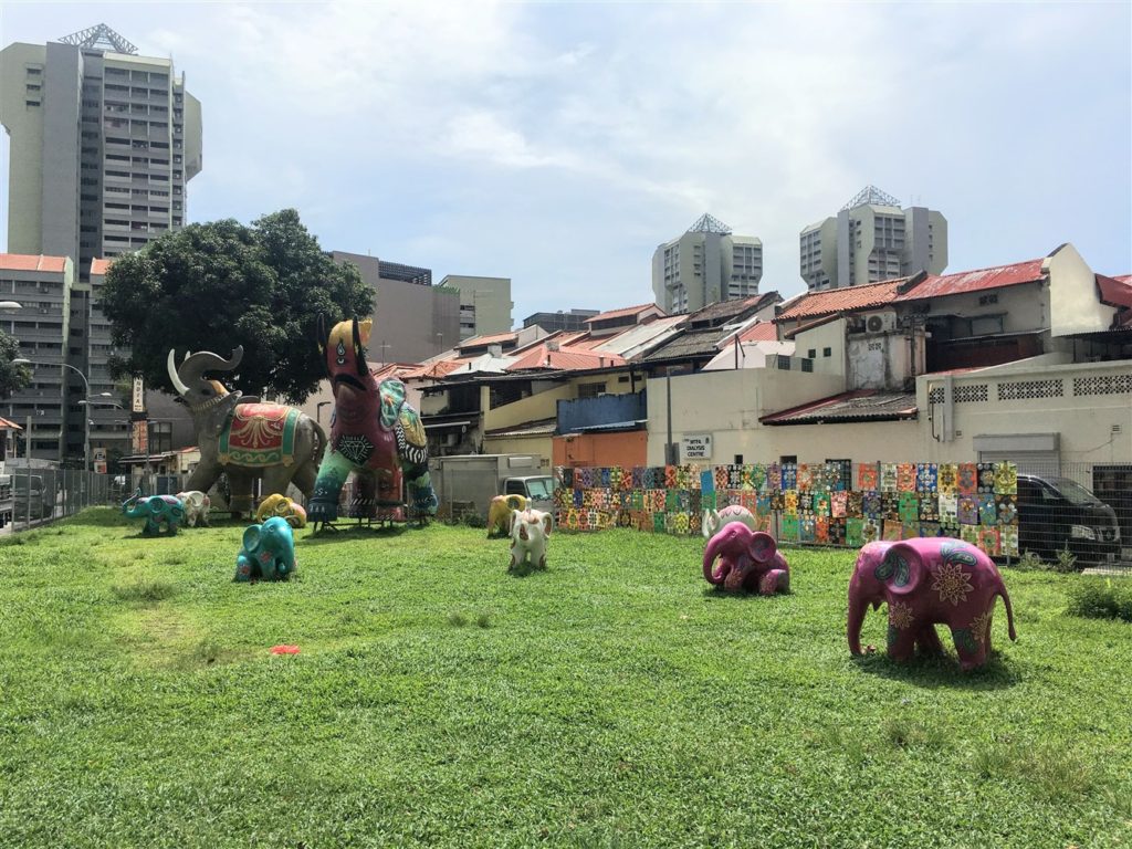 Model painted elephants in park in Singapore