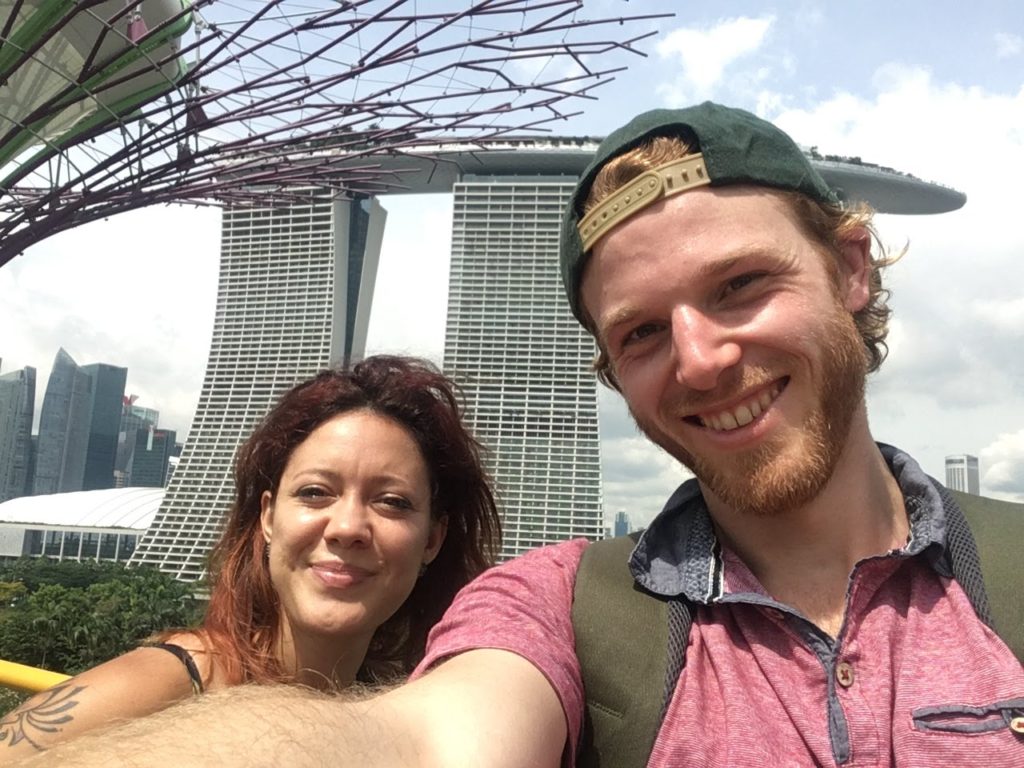 Giles Short selfie with girl friend and Marina Bay Sands Hotel behind