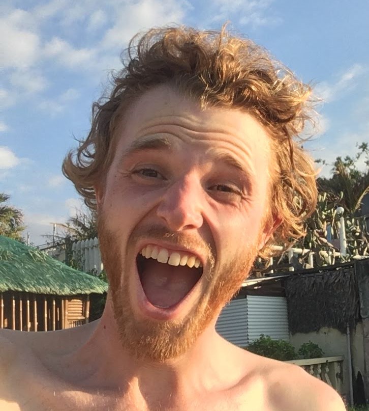 Giles Short selfie excited expression with crazy beach hair