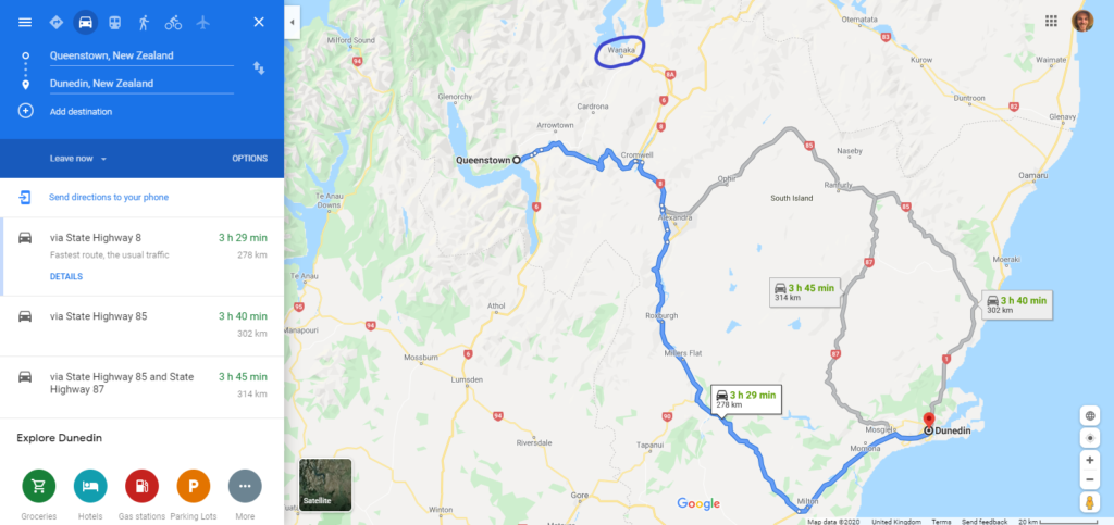 Google Map Route: Dunedin to QT